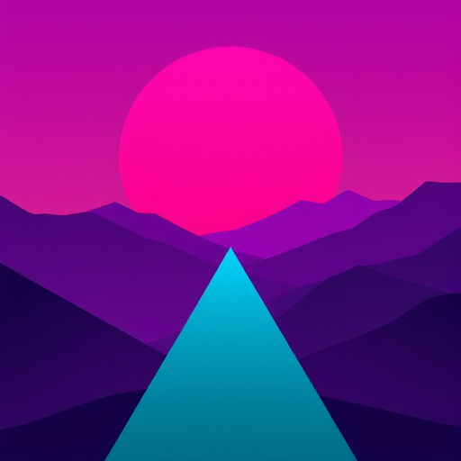 Create a vibrant digital art piece featuring a large pink sun setting behind purple mountains and a small teal triangle in the foreground, shot with a DSLR camera at f/8 aperture, ISO 100, 1/125s shutter speed, using a wide-angle lens to enhance depth and color saturation.