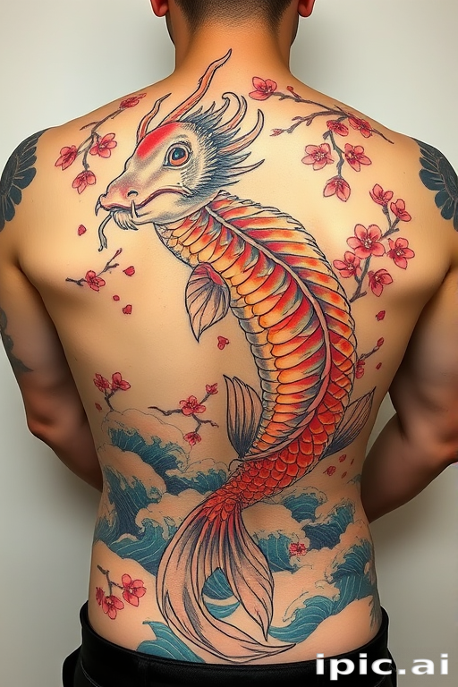Japanese-inspired irezumi tattoo of a koi fish transforming into a dragon, flowing across the entire back, with waves and cherry blossoms in traditional colors