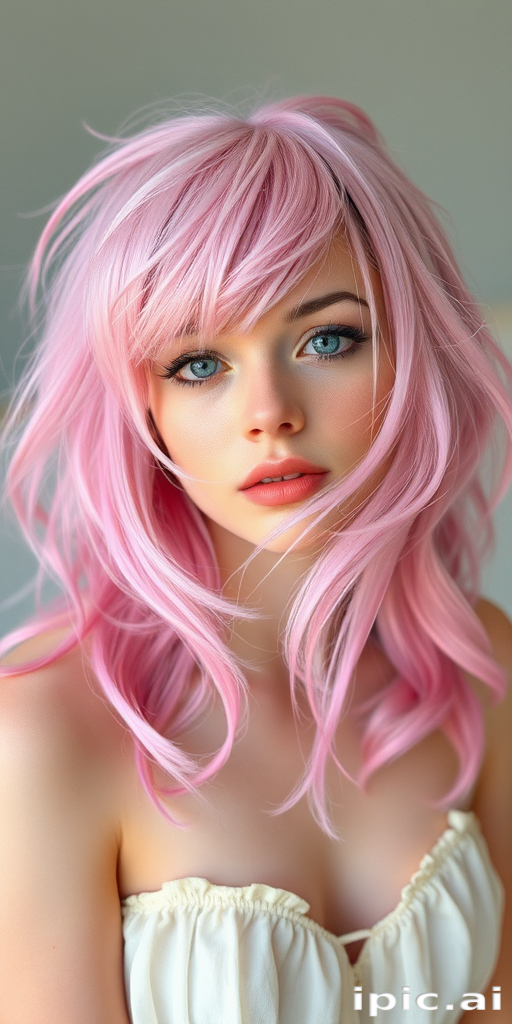 Ethereal pastel pink-haired fairy with a whimsical, layered shag cut, featuring wispy bangs and soft, face-framing tendrils