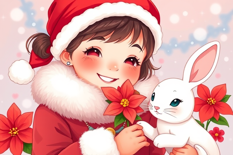 Create a vibrant illustration of a cheerful young girl in a red winter outfit with a fluffy collar and a Santa hat, holding a bright poinsettia flower while interacting with a cute white bunny, in a whimsical, colorful style, shot with a Canon EOS R5, 50mm lens at f/1.8, 1/100 sec exposure, and ISO 100 for enhanced clarity and detail.