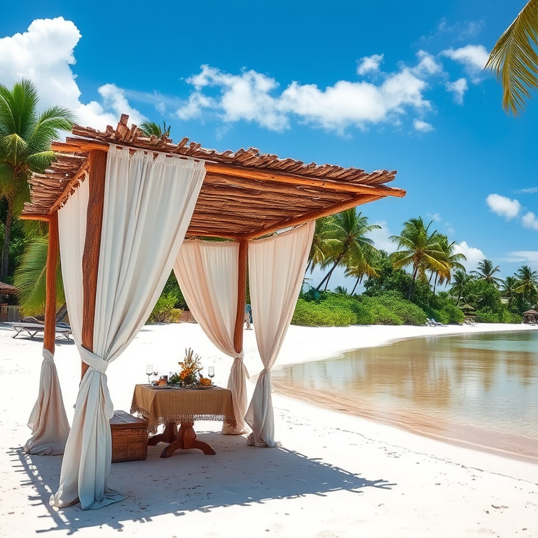 Create a picturesque tropical beach scene featuring a serene, white sandy shore. In the foreground, there's a rustic wooden canopy with white drapes gently flowing in the breeze. Underneath the canopy, a table is set with tropical decor, evoking a sense of relaxation and leisure. The beach extends into a calm, shallow water area with reflections of the sky and surroundings. Palm trees and lush greenery line the edge of the beach, providing a natural, tropical backdrop. The sky is clear with a few scattered clouds, and the overall atmosphere is tranquil and inviting, perfect for a peaceful retreat.
