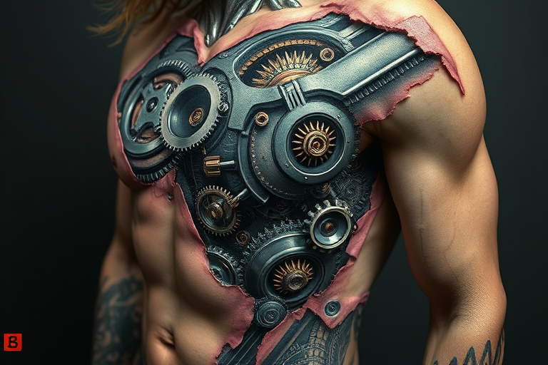 Hyper-realistic 3D biomechanical tattoo titled "Cybernetic Fusion" depicting exposed metallic gears pistons and circuitry seamlessly integrated with human anatomy revealing a complex inner workings of a cyborg beneath torn flesh with incredible attention to detail in shading and highlights creating a stunning illusion of depth and dimensionality on the skin