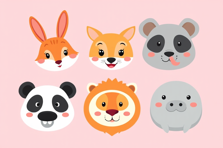 Create a digital illustration of six cartoon animal faces: a rabbit, a fox, an elephant, a panda, a lion, and a seal, on a pastel pink background, using a Canon EOS R5 with a 50mm lens, f/2.8 aperture, ISO 100, and natural light for enhanced clarity and color vibrancy, in a flat design style.