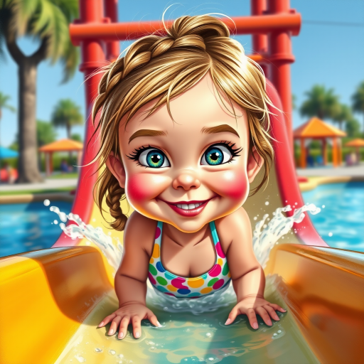 A sassy caricature toddler girl with medium highlighted hair in a messy braid, light eyes, fluffy long lashes, silly funny faces, wearing a colorful swimsuit, going down a waterslide face first, lots of water, created in highlighted chalk style, vibrant colors, background is a park with acrylic paint, airbrush