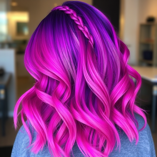 Vibrant magenta ombre hair cascading in loose waves, styled by Miranda Frost, featuring rich purple roots fading to electric pink tips, shimmering with holographic highlights and intricate braided accents woven throughout