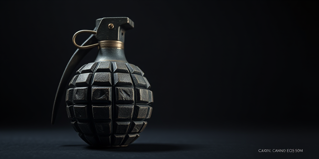 Create a highly detailed and realistic illustration of a hand grenade, focusing on texture and lighting, captured with a Canon EOS R5 camera at f/8 aperture, 50mm lens, in a studio setting with softbox lighting for enhanced clarity.
