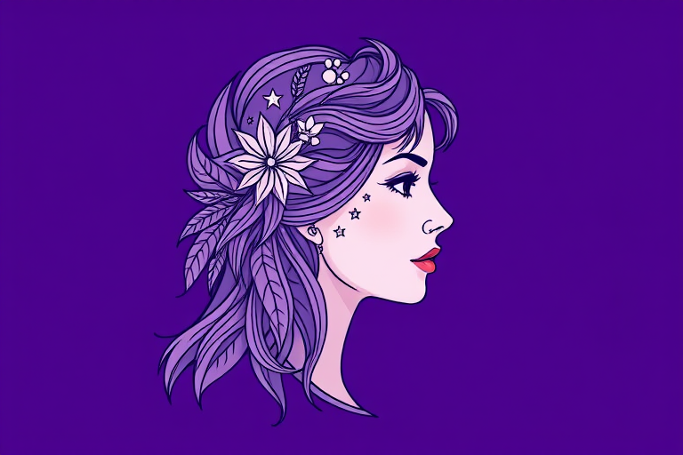 Create a detailed line art illustration of a woman's profile representing Virgo, with intricate designs of stars and leaves, set against a deep purple background, using a Canon EOS R5 camera, f/1.8 aperture, 50mm lens, soft focus style for enhanced clarity and depth.