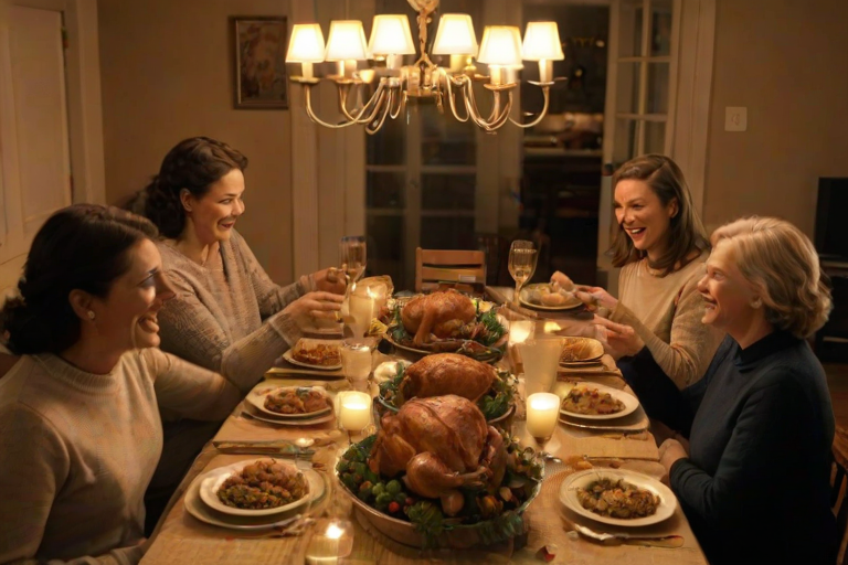Warmly lit photo of a family gathered around a dining table for Thanksgiving, soft golden light from overhead lamps casting a warm glow, with plates of food and laughter filling the scene.