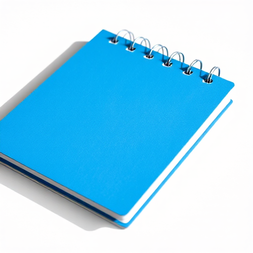 a realistic close-up of a blue spiral notebook on a white background with soft shadows, high resolution 300 DPI, aperture f/8, ISO 100, focal length 50mm, natural lighting, DSLR camera