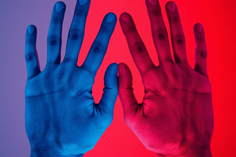 Regenerate a vivid abstract image of overlapping blue and red human handprints, emphasizing the blending colors in a symmetrical design, taken with a DSLR camera at f/2.8 aperture, ISO 100, 1/125s shutter speed, from a top-down view, using a macro lens to enhance detail and texture.
