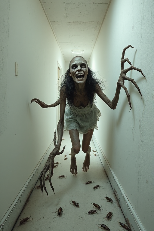 a crooked female with long arms and a creepy smile is crawling along a long white corridor and you can also see cockroaches in it there is a creepy atmosphere creepy art style