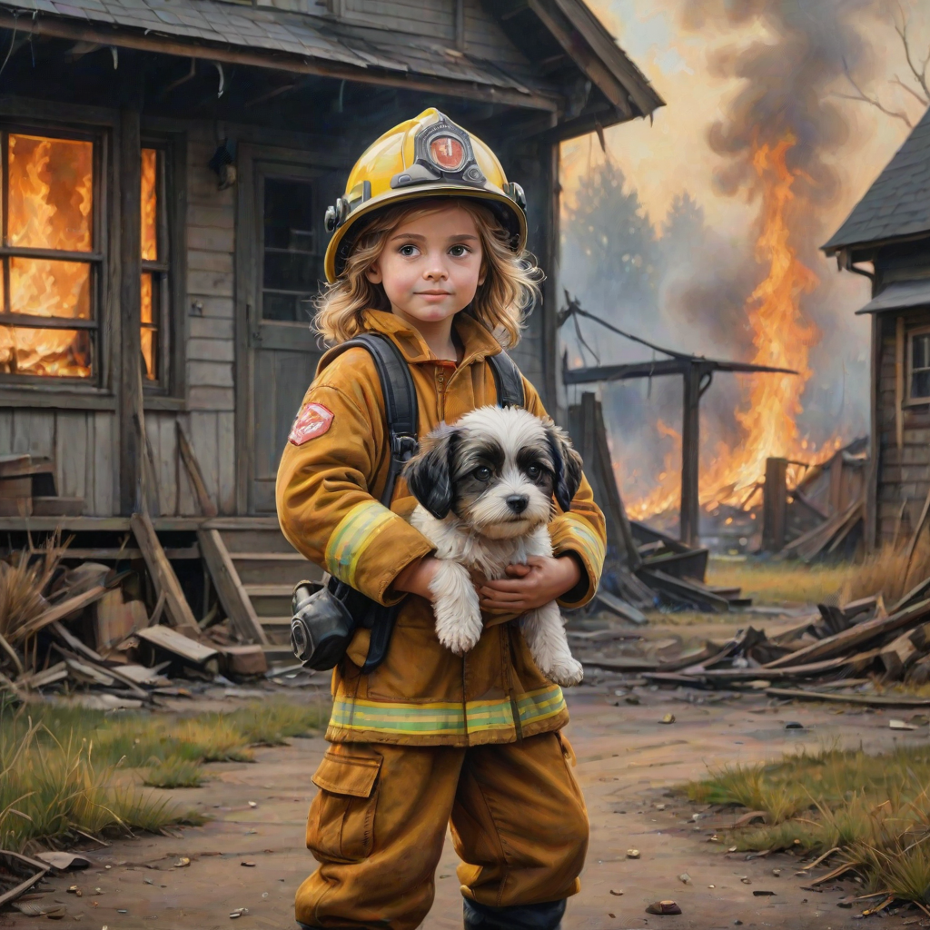 airbrushed oil painting, pixar style, cute little girl in fireman gear, helmet, tousled hair, expressive eyes, standing in the doorstep of a cottage burning behind him, holding a cute little dog in her arm, atumn sky