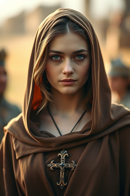 portrait of a young woman in medieval attire with a brown cloak and a large cross pendant, soft focus, warm lighting, f/1.8, 85mm lens, ISO 100, natural light, taken with a DSLR camera