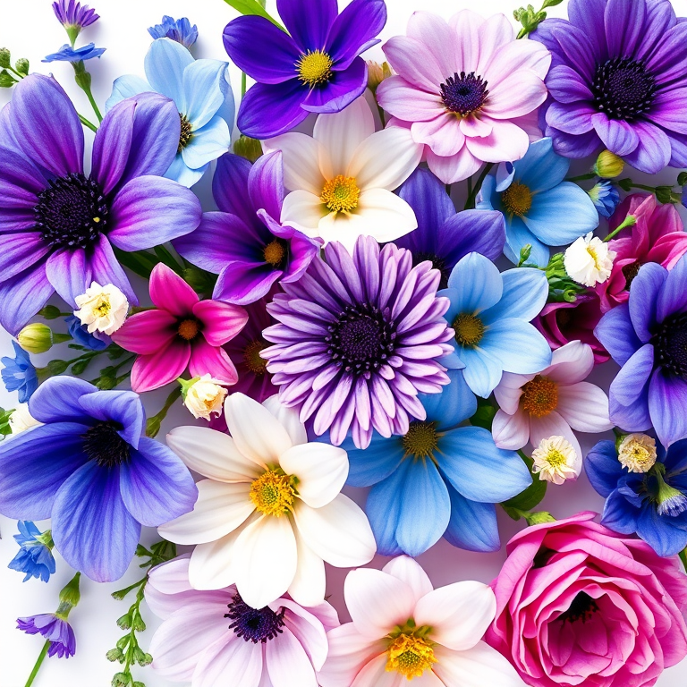 Create a vibrant watercolor floral arrangement with various flowers in shades of blue, purple, and pink, using a DSLR camera with a 50mm lens, aperture f/2.8, ISO 100, and soft natural lighting for enhanced detail.