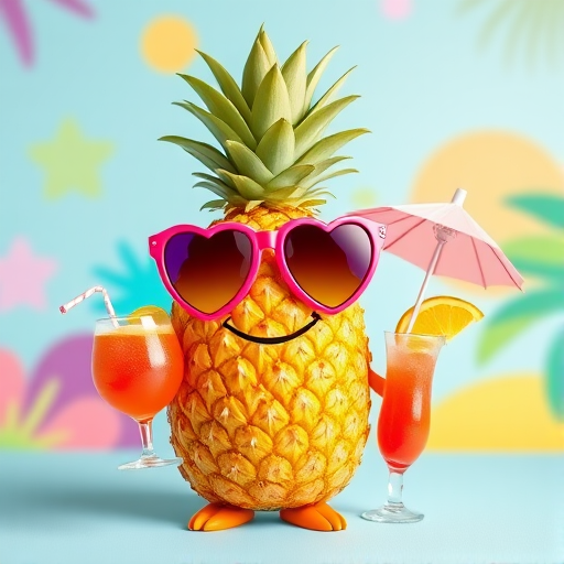 create a cheerful cartoon pineapple wearing large heart-shaped sunglasses and holding a fruity drink with a small umbrella, standing on a light blue surface with a bright and colorful background