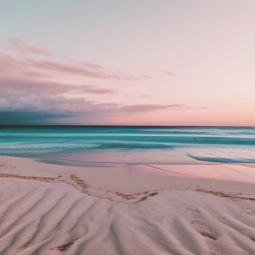 Tranquil Sunset Over Serene Beach with Gentle Waves and Soft Sand