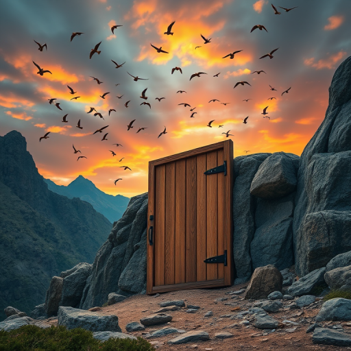 Create an image of a large wooden door set into a rocky mountain with a dramatic sunset sky filled with flocks of birds, shot with a DSLR camera at f/8 aperture, 1/250 sec shutter speed, ISO 100, 24mm focal length, high dynamic range for enhanced details and vivid colors.