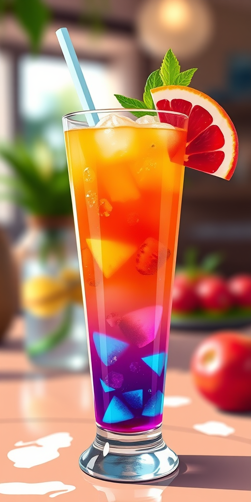 Create a vibrant illustration of a refreshing drink in a tall glass with a straw and a slice of fruit, using a DSLR camera with a 50mm lens, aperture set to f/2.8 for a shallow depth of field, ISO 100 for optimal clarity, and natural lighting to enhance colors and details.