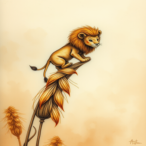 Soft, muted Alcohol Ink with ebru effect background image of tiny whimsical lion, who climbed high on the top of a golden rye ear.