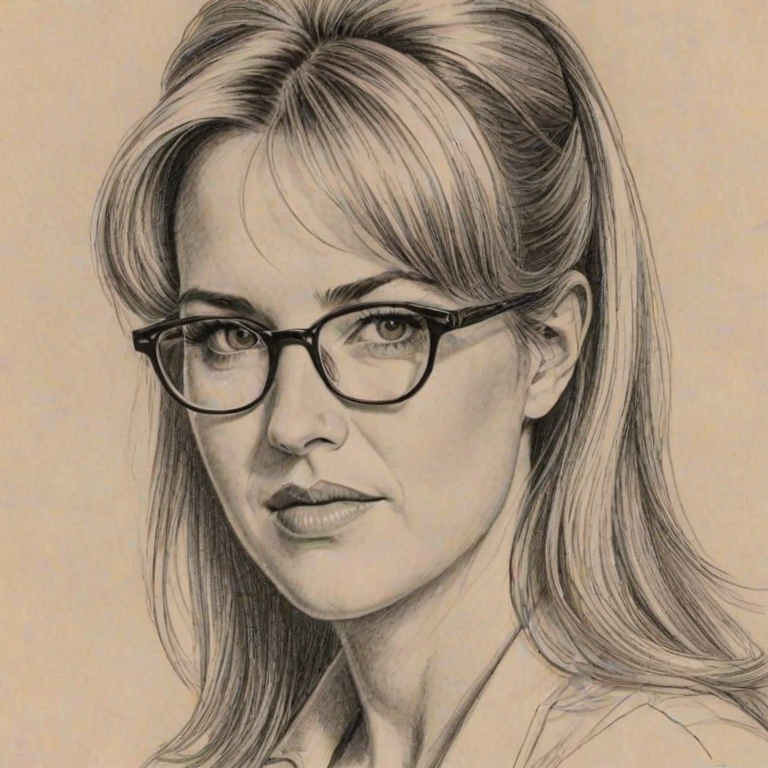 Comely Renee O'Connor, pencil sketch, portrait of Alluring woman 1962s in glasses, hair style beatnik, outline, clear lines, fine lines, 8k