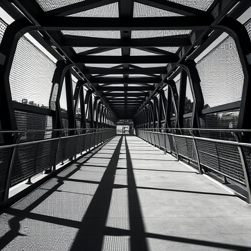 Create a high-contrast black and white image of a pedestrian bridge with dynamic shadows, shot with a Canon EOS R5 at f/8, ISO 100, 1/250s, perspective from the middle of the walkway looking towards the end, using a wide-angle lens for depth and clarity.