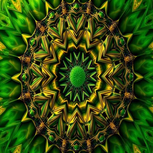 Generate a highly detailed fractal pattern with intricate designs and rich color gradients emphasizing golden and deep green hues, using a Canon EOS 5D Mark IV, f/8 aperture, ISO 100, 24mm lens, focusing on symmetry and depth of field, shot in a macro style for enhanced clarity and texture.