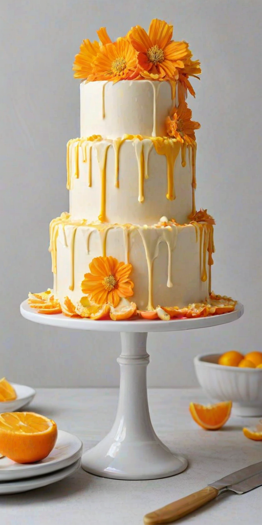 Create an image of a tall, elegant cake decorated with yellow and white frosting. The cake should have a smooth finish and feature a glossy orange glaze dripping down the sides. Adorn the top with orange slices, delicate flower decorations, and piped frosting in a variety of shapes. Place the cake on a simple white cake stand, with a clean, minimalist background to highlight its beauty.