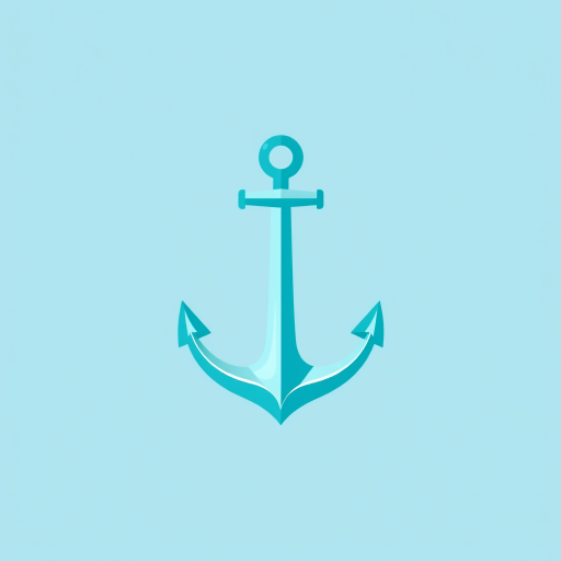 Generate a flat design logo of an anchor in turquoise color against a light blue background, using a DSLR camera with a 50mm lens, aperture set to f/2.8, ISO 100, and soft natural lighting for clarity and depth.
