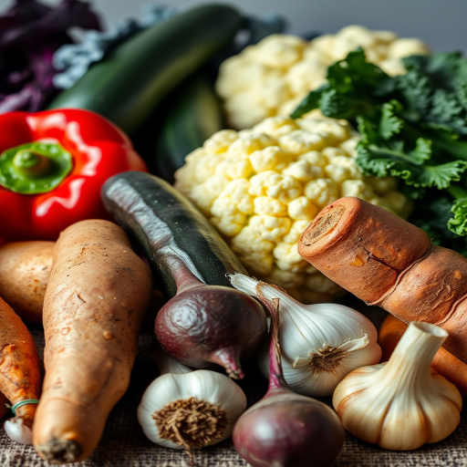 high-resolution still life of assorted fresh vegetables including red bell pepper, zucchini, cauliflower, kale, sweet potato, beet, shallot, and garlic, natural lighting, f/2.8, 1/60 sec, ISO 200, using a DSLR camera, close-up view, shallow depth of field