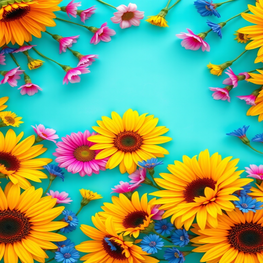 Create a vibrant floral frame with sunflowers, pink flowers, and blue flowers on a bright turquoise background, using a DSLR camera set to f/2.8, ISO 100, 50mm lens, top-down view, and vibrant color enhancement for clarity and vividness.