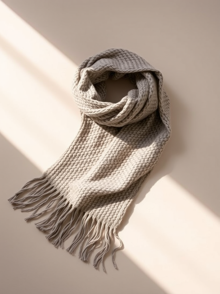 Create a realistic depiction of a woven scarf lying flat on a neutral background with soft natural lighting, using a DSLR camera, with a 50mm lens at f/2.8 for a shallow depth of field, ISO 100, shutter speed 1/125s, in landscape orientation.