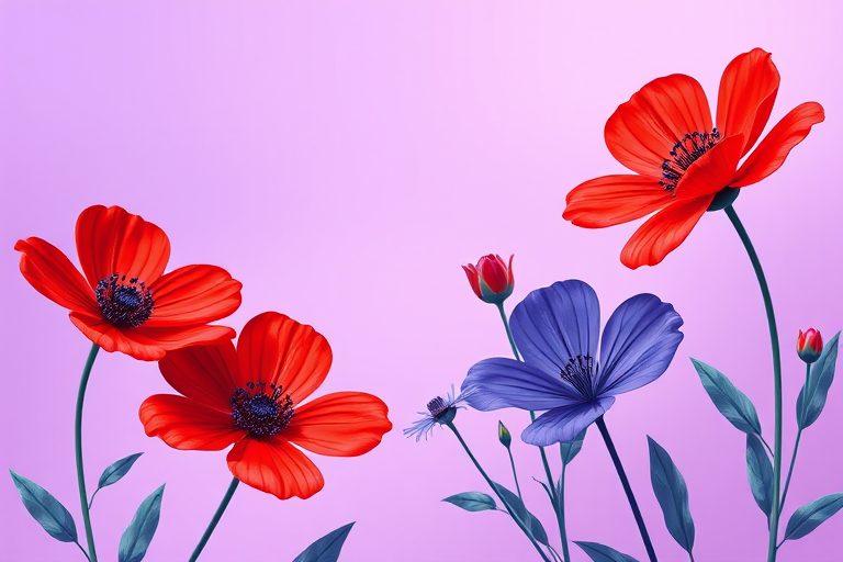 Create a vibrant digital illustration of stylized red and blue flowers on a soft purple background, using a Canon EOS R5 camera, f/2.8 aperture, ISO 100, 50mm lens, shooting in portrait orientation with soft lighting to enhance details and colors.
