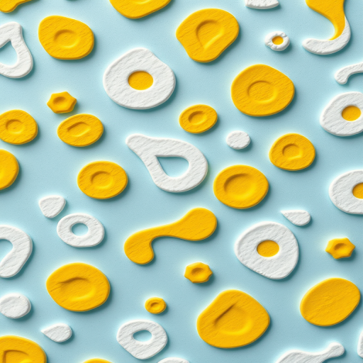 Regenerate an abstract pattern with organic shapes in white and yellow on a soft blue background, using a DSLR camera with a 50mm lens, aperture f/2.8, ISO 100, top-down view, bright daylight, and high contrast to enhance colors and details.
