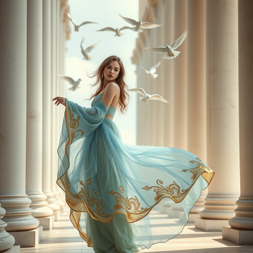 a fantasy scene featuring a woman in a flowing dress with a blend of blue and gold standing amidst tall white pillars, doves flying in the background, captured with a Canon EOS R5, 50mm f/1.2 lens, aperture at f/2.8, ISO 100, soft diffused lighting to enhance details and colors in a serene and ethereal atmosphere