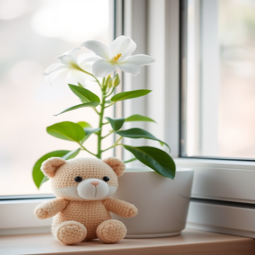 A cute plush toy next to a blooming white flower plant in a bright window, captured with a Canon EOS 5D Mark IV, 50mm lens, aperture f/1.8, ISO 100, shallow depth of field, soft natural lighting.