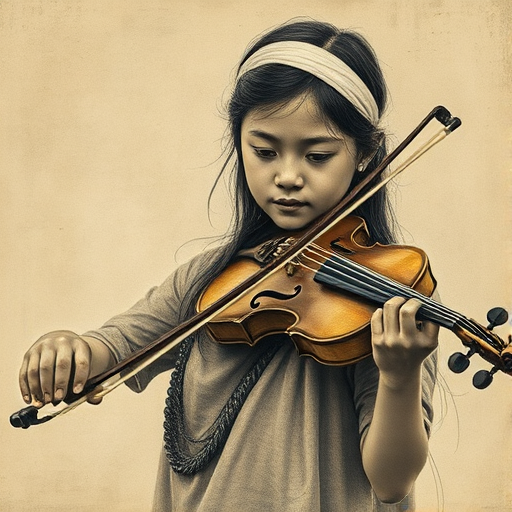 a young Maori woman with a white headband playing a violin, in the style of a charcoal drawing, sepia grunge background