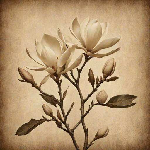 a vintage-style illustration of magnolia flowers on a textured background in sepia tones