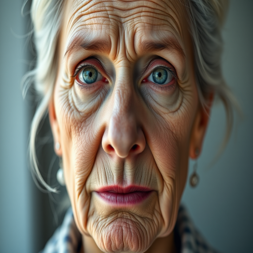 Generate a hyper-realistic portrait of an aging woman with half of her face showing youthful features and the other half depicting intricate wrinkles and aging signs, shot with a Canon EOS R5, 85mm f/1.2 lens, bright and soft natural lighting, and a shallow depth of field for enhanced detail and clarity.