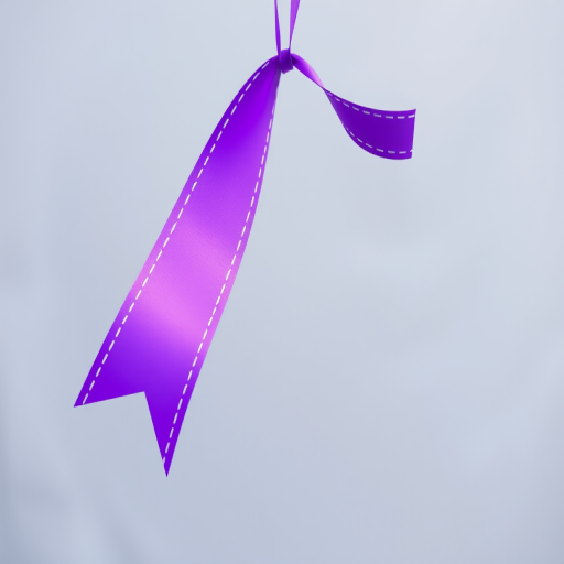 Create an image of a purple ribbon with dashed borders hanging down, using a 50mm lens at f/2.8, ISO 100, with a soft focus background, taken from a top-down view using a DSLR camera.