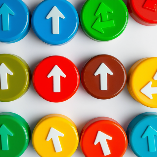 Create a high-resolution image of colorful icons featuring arrows in blue, red, green, and yellow circular buttons with glossy finishes, shot with a DSLR camera at f/2.8, 1/125s shutter speed, and ISO 100, with a top-down view and soft lighting to enhance clarity and vibrancy.