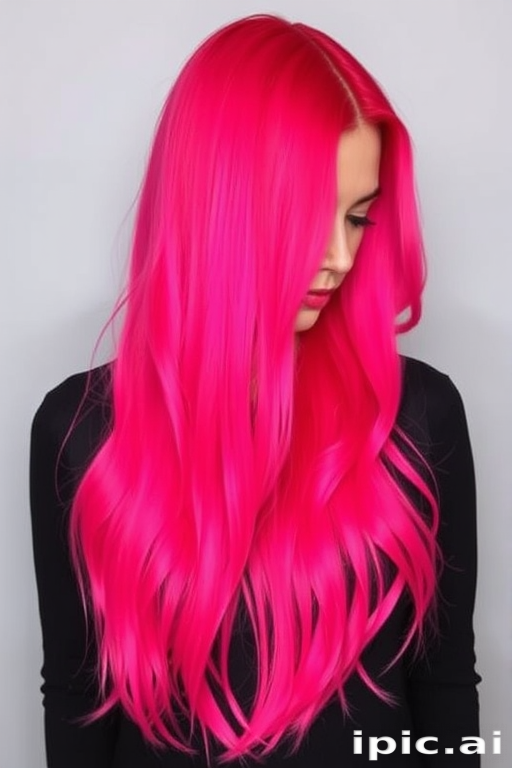 Vibrant magenta locks styled in the "Fuchsia Flame" fashion cascade down in sleek, straight strands with neon pink underlights peeking through for added dimension