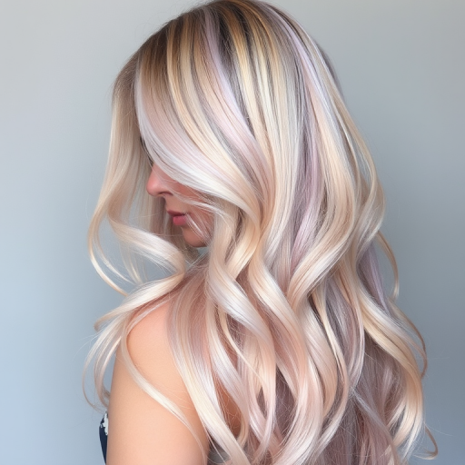 Ethereal hair style displaying long iridescent pearl-toned strands styled in loose ethereal waves with subtle glitter accents