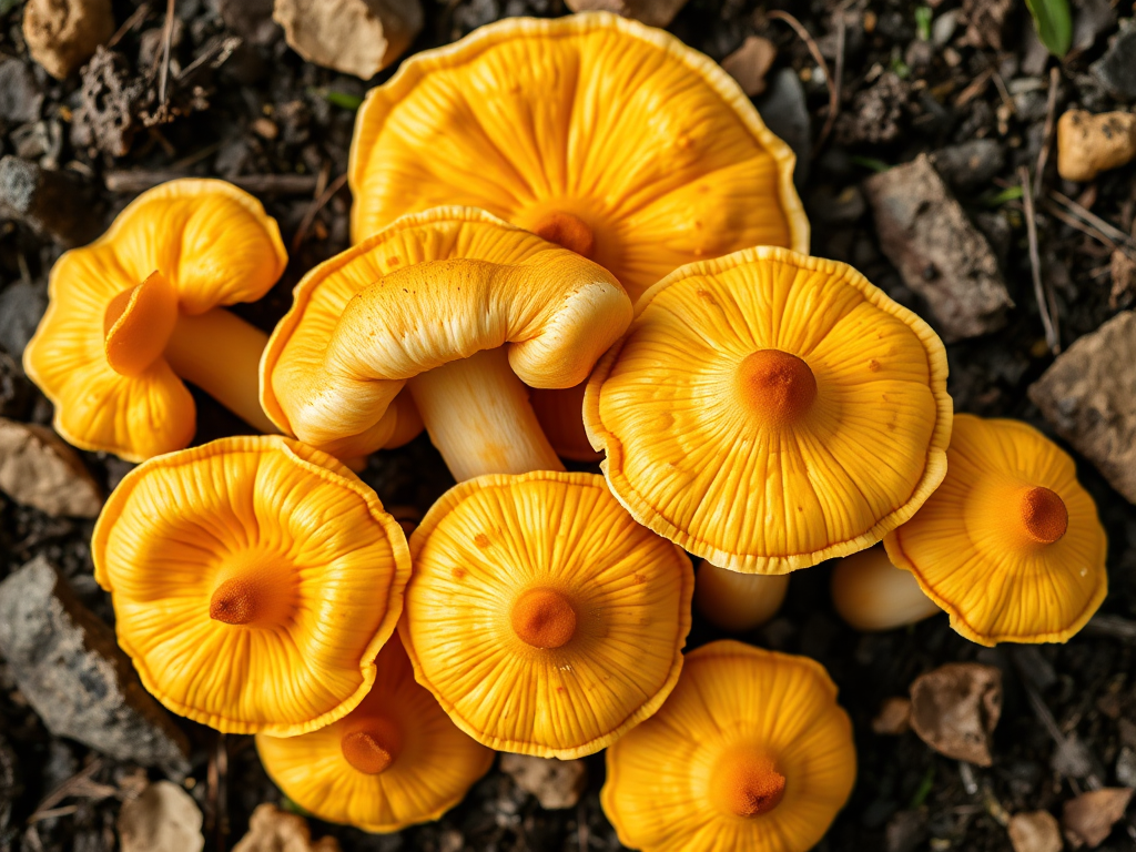 Create a highly detailed vector illustration of golden chanterelle mushrooms with smooth gradients and soft shadows, shot with a DSLR camera at f/2.8, 50mm lens, ISO 100, top-down view, natural lighting to enhance texture.