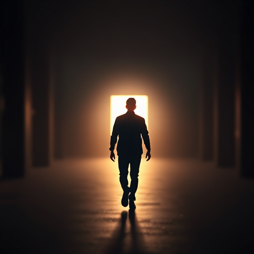 Create a silhouette of a person walking towards a bright light in a dark, abstract environment with bokeh effects, using a DSLR camera with an aperture of f/1.8, ISO 200, 50mm lens, shallow depth of field, and soft focus for dreamy atmosphere.