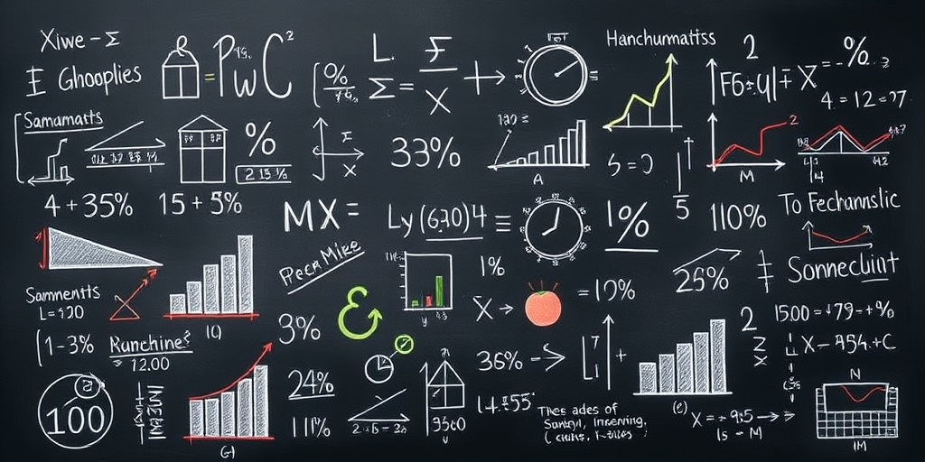 Create an illustration of a chalkboard filled with mathematical symbols, graphs, and percentages; use a DSLR camera with a 50mm f/1.8 lens, aperture set to f/2.8, ISO 400, and a slight vignette effect to enhance clarity and contrast.