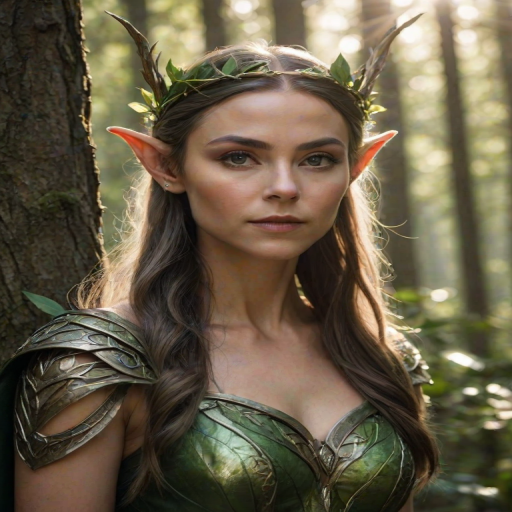 High quality portrait photo of an elven queen with pointy ears in the forrest wearing a laurel wreath. She is gazing at the viewer in an aloof and neutral manner. Voluminous rays of sunlight illuminating the forrest patch behind her
