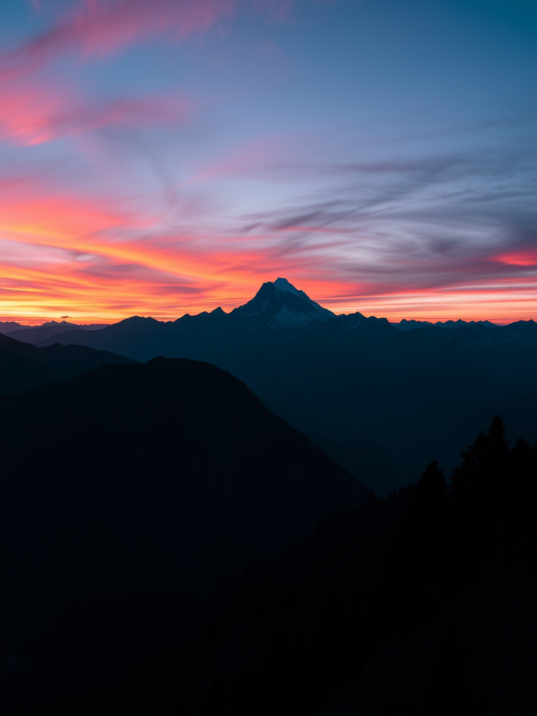 Generate a high-resolution silhouette of a mountain landscape at sunset with vibrant colors, using a DSLR camera with a 50mm lens, aperture set to f/2.8, ISO 100, and a wide-angle view for enhanced depth and detail.