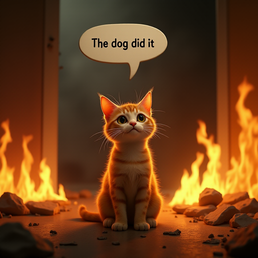 Photorealistic image of an innocent-looking cat sitting calmly in the middle of a burning room. Flames engulf the room, with fire licking up the walls and smoke filling the air. The cat is sitting on the floor, looking directly at the viewer with wide, innocent eyes. Above the cat, a speech bubble says "The dog did it". The contrast between the cat's calm demeanor and the chaos around it creates a humorous and surreal scene.