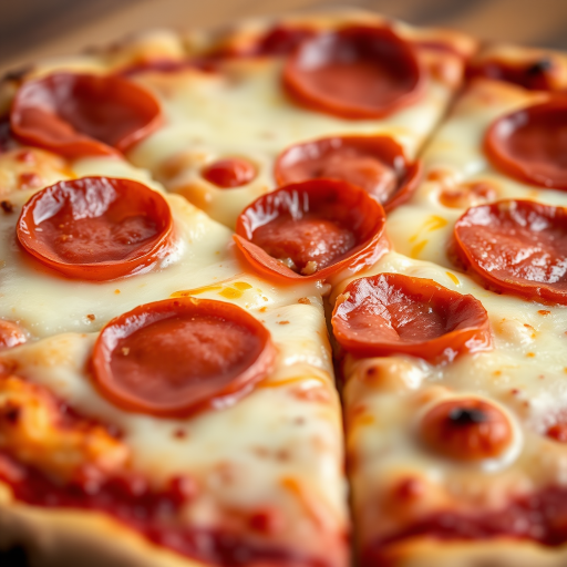 Generate a close-up shot of a freshly baked pepperoni pizza with melted cheese, showcasing the texture of the crust and toppings, using a Canon EOS R5 with a 50mm lens at f/1.8, ISO 100, and a shutter speed of 1/100 sec, natural lighting, and a wooden table background.