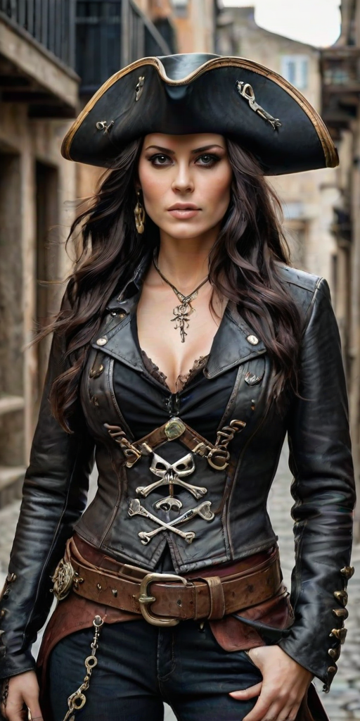 Create a portrait of a fierce female pirate. She wears a leather tricorn hat adorned with a skull and crossbones emblem, and her long, dark hair flows around her face. Her outfit consists of a richly detailed leather jacket, a corset, and multiple layers of belts and accessories, giving her a formidable and stylish appearance. She stands confidently in a dimly lit, historic port town, with a backdrop of weathered buildings and cobblestone streets, capturing the adventurous spirit of a pirate.